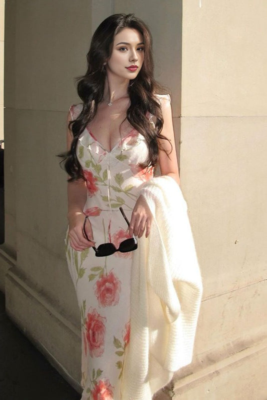 Floral Print Ruffle Trim Deep V-Neck Tie Front Bodycon Midi Dress 5