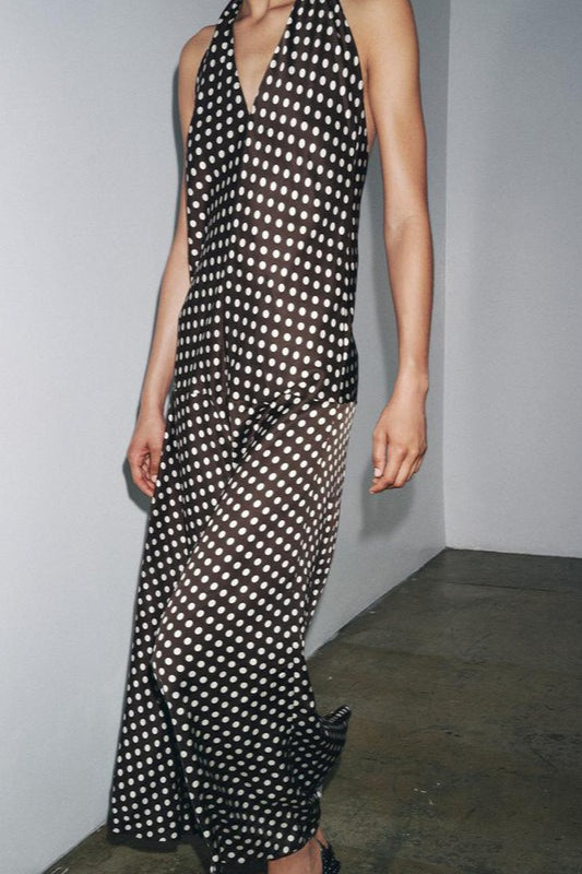Polka Dot Halter Neck Deep V-Neck Maxi Dress 3