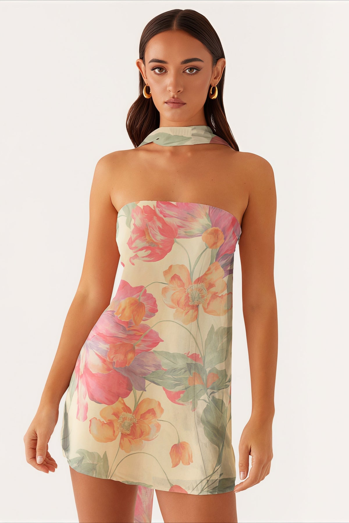 Strapless Ditsy Floral Print Matching Neck Tie Bodycon Mini Dress 3