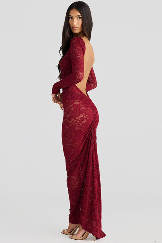 Open Back Long Sleeve Floral Lace Illusion Overlay Bodycon Maxi Dress 4