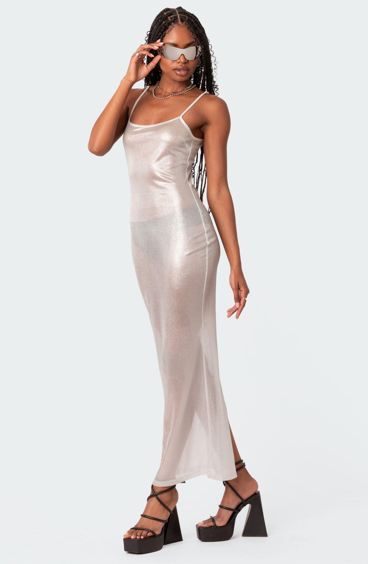 Sheer Metallic Mesh Long Sleeve High Neck Maxi Dress 10