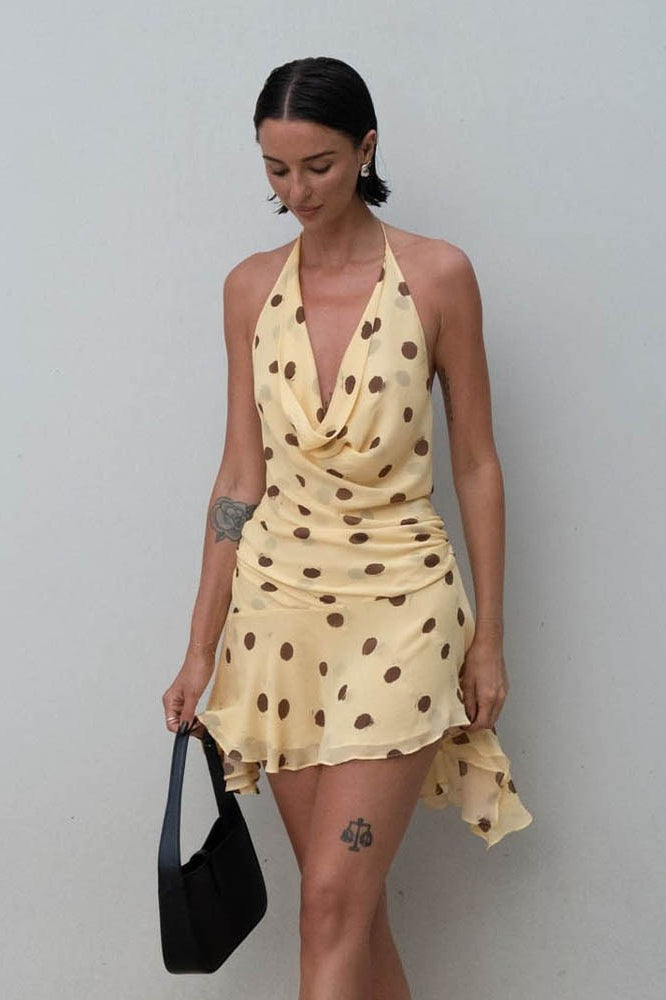 Polka Dot Chiffon Halter Cowl Neck Ruffled Hem Backless Mini Dress
