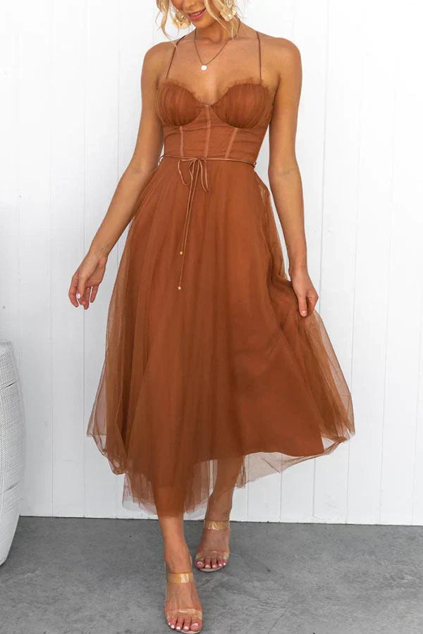 Sweetheart Neck Spaghetti Strap Corset Lace Up Tulle Skirt Midi Dress 10