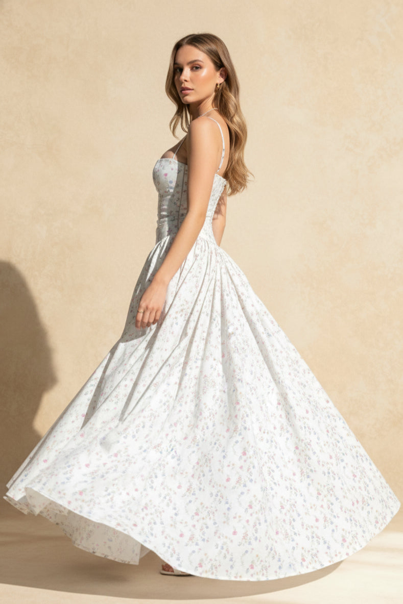 Floral Print Corset Bodice Basque Waist Pleated Ball Gown Maxi Dress 5