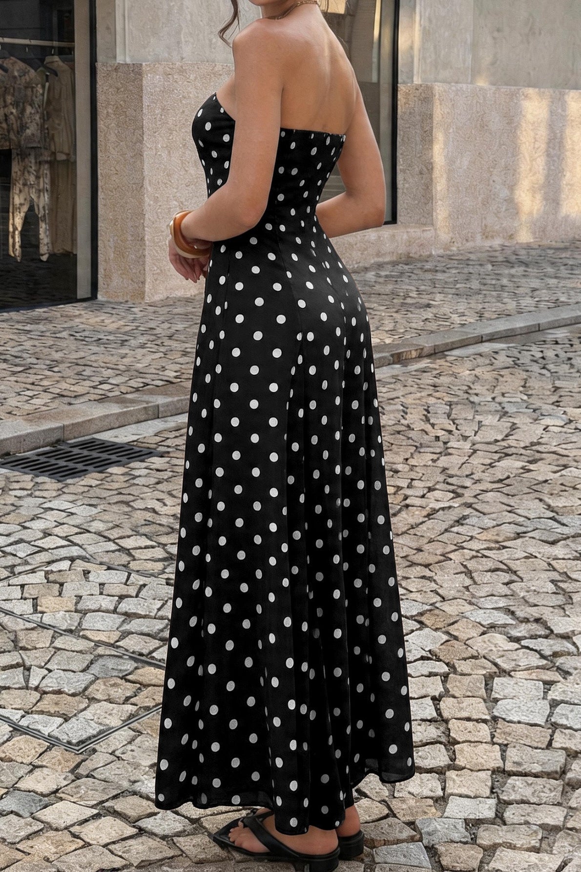 Strapless Polka Dot Paneled Slit Maxi Dress 5