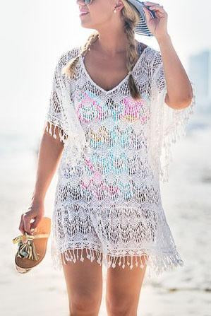 White Crochet Hollow Out Tassel V Neck Sexy Beach Cover Up Tunic