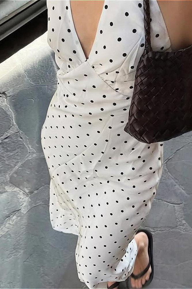 Polka Dot Halter Deep V-Neck Bodycon Midi Dress 5