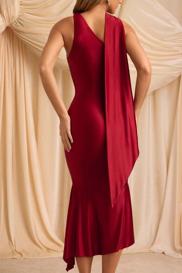 Satin One Shoulder Draped Sash Mermaid Cocktail Midi Dress 5