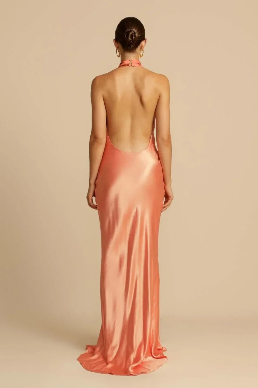 Satin Halter Neck Cowl Draped Bias Cut Trumpet Maxi Gown 5