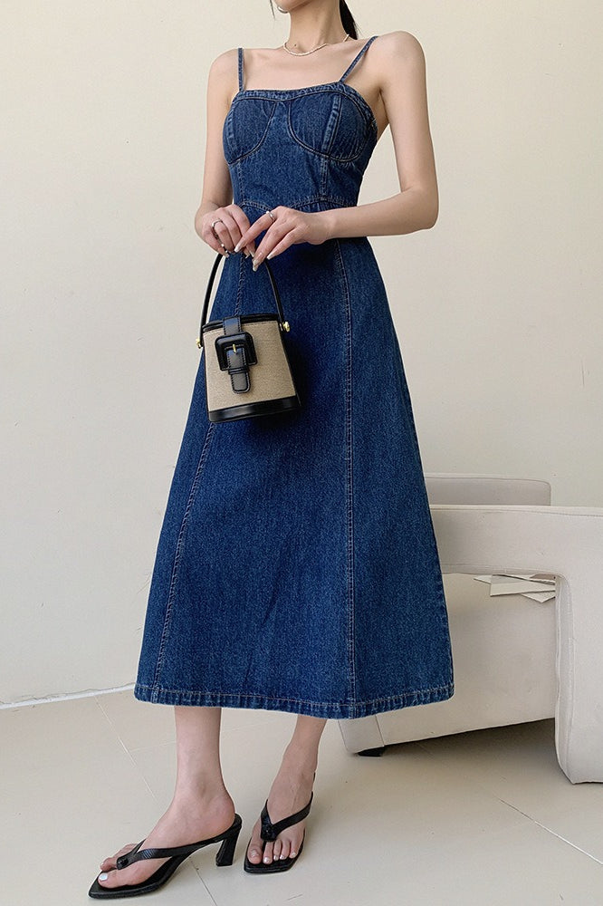 Denim Bustier Spaghetti Strap Panel Seam A-Line Midi Dress 2