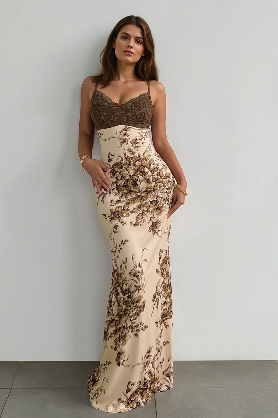 Lace Bustier Bow Floral Print Column Maxi Slip Dress