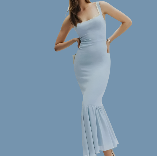 Square Neck Sleeveless Mermaid Ruffle Fluted Hem Maxi Dress 2