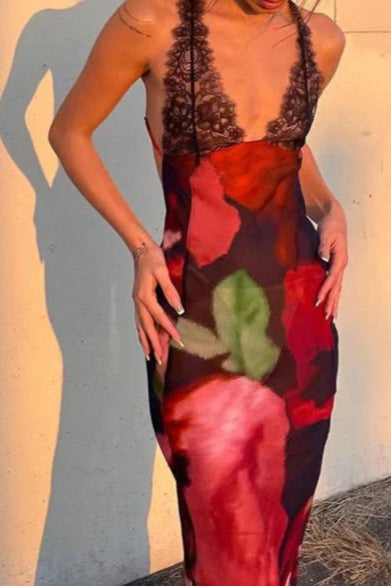 Floral Print Lace Trim Spaghetti Strap Deep V-Neck Bodycon Maxi Dress 7