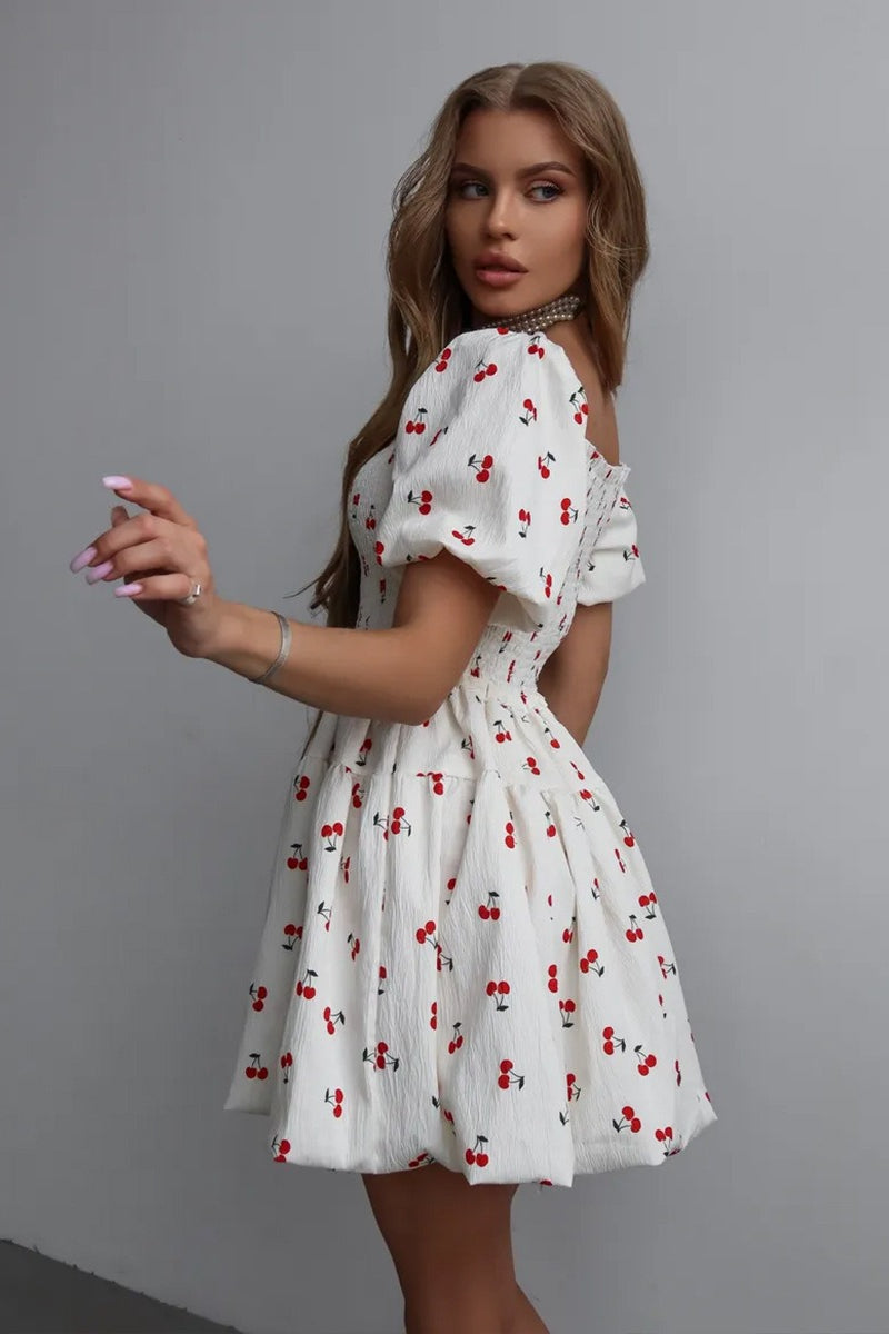 Fruit Print Smocked Off Shoulder Puff Sleeve Tiered Mini Dress 3