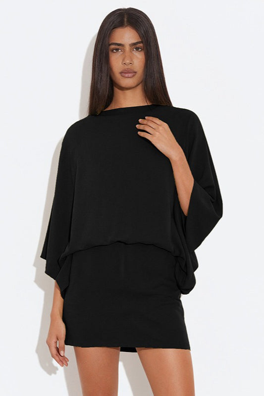 Deep Back Cowl Neck Draped Wing Sleeve Loose Mini Dress 7