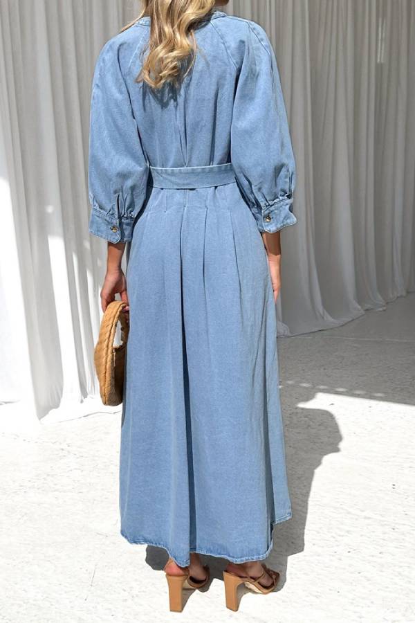 Belted Puff Sleeve Button-Front Denim Maxi Dress 4