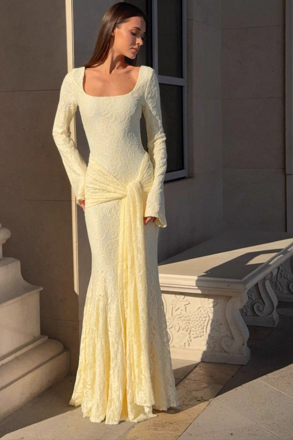 Square Neck Long Sleeve Floral Lace Front Knot Drape Panel Maxi Dress 3