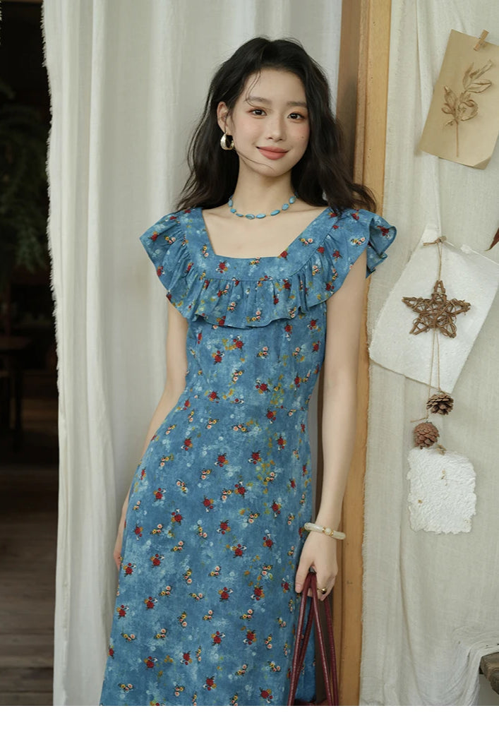 Floral Print Ruffle Trim V-Neck Cap Sleeve Fit and Flare Maxi Summer Dress 5