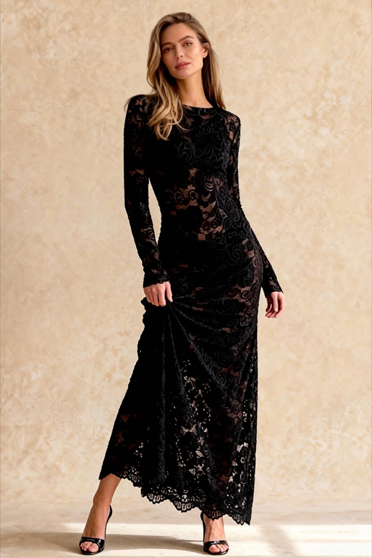 Floral Lace Long Sleeve Crew Neck Sheath Maxi Gown 3