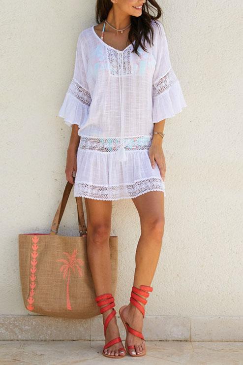 White Crochet Hollow Out Flare Sleeve Ruffle Beach Cover Up Tunic