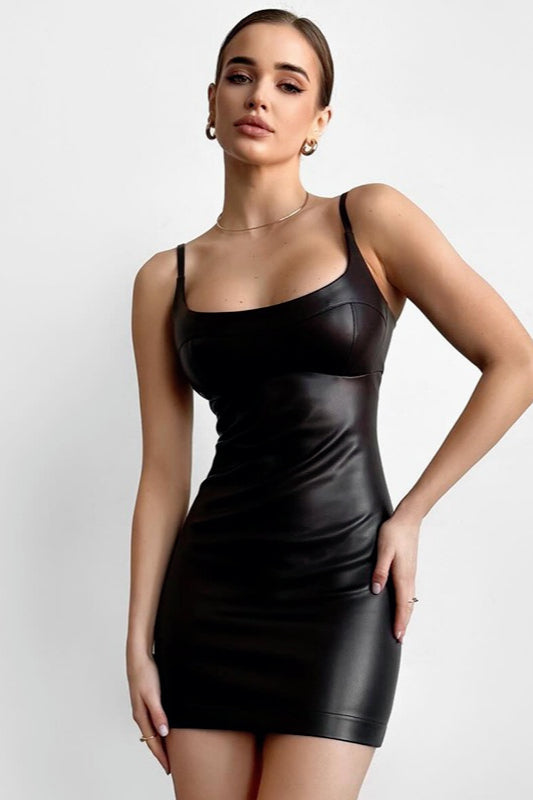 Spaghetti Strap Scoop Neck Faux Leather Bodycon Mini Dress 5