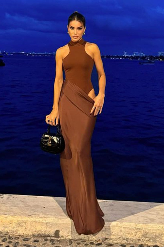 Mock Neck Hip Cutout Draped Wrap Column Maxi Dress