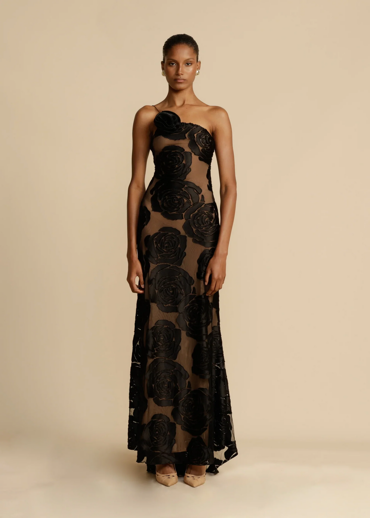 One Shoulder 3D Rosette Burnout Floral Mesh Column Maxi Gown 2