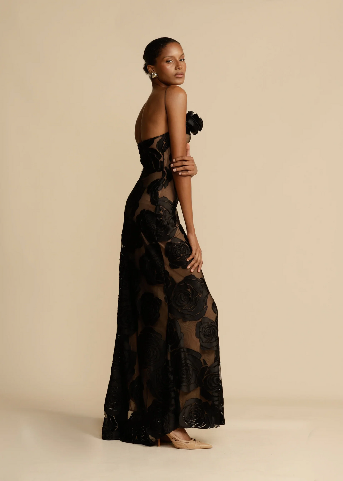 One Shoulder 3D Rosette Burnout Floral Mesh Column Maxi Gown 3
