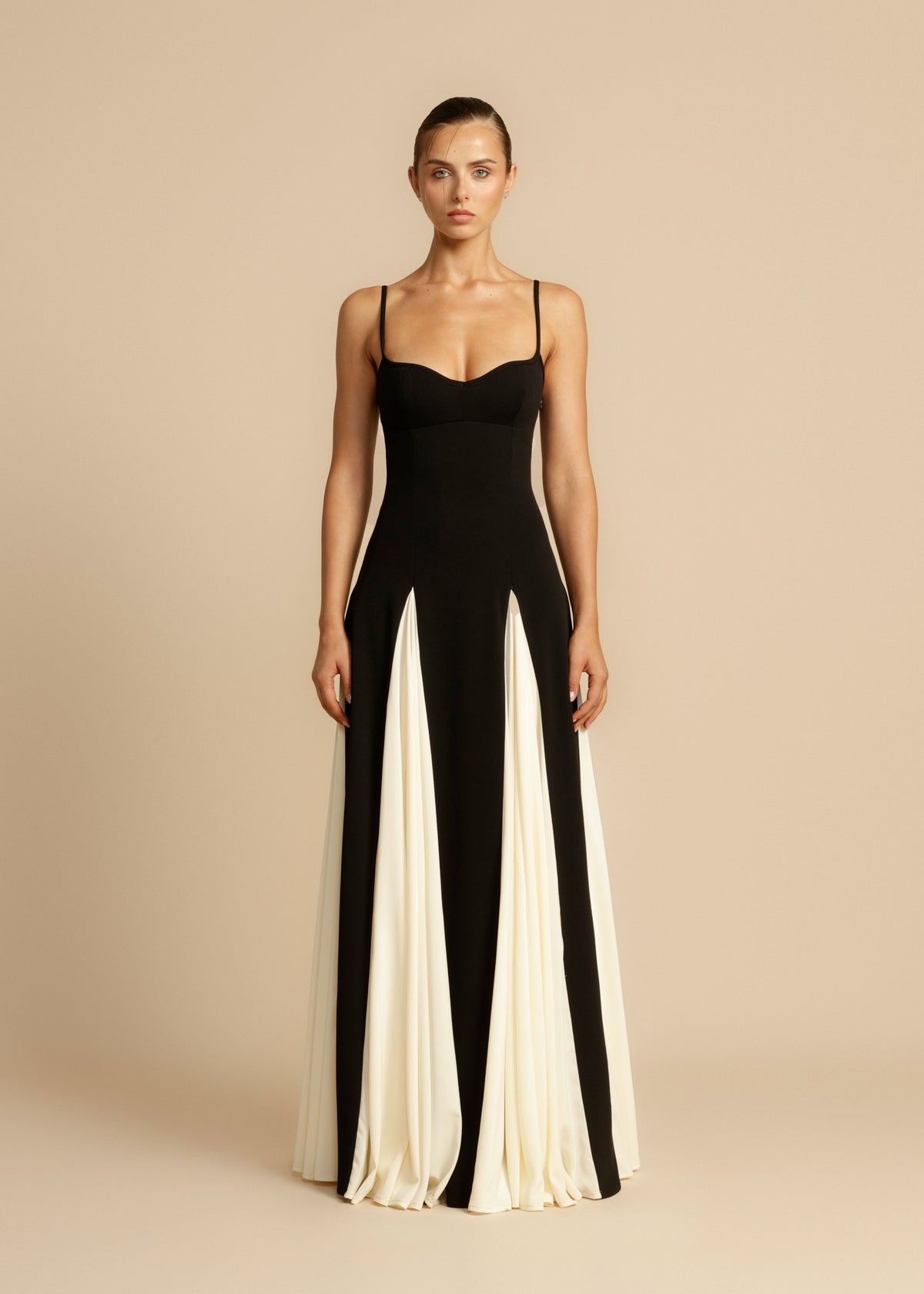Spaghetti Strap Sweetheart Corset Bodice Pleated Godet Panel Maxi Gown 2