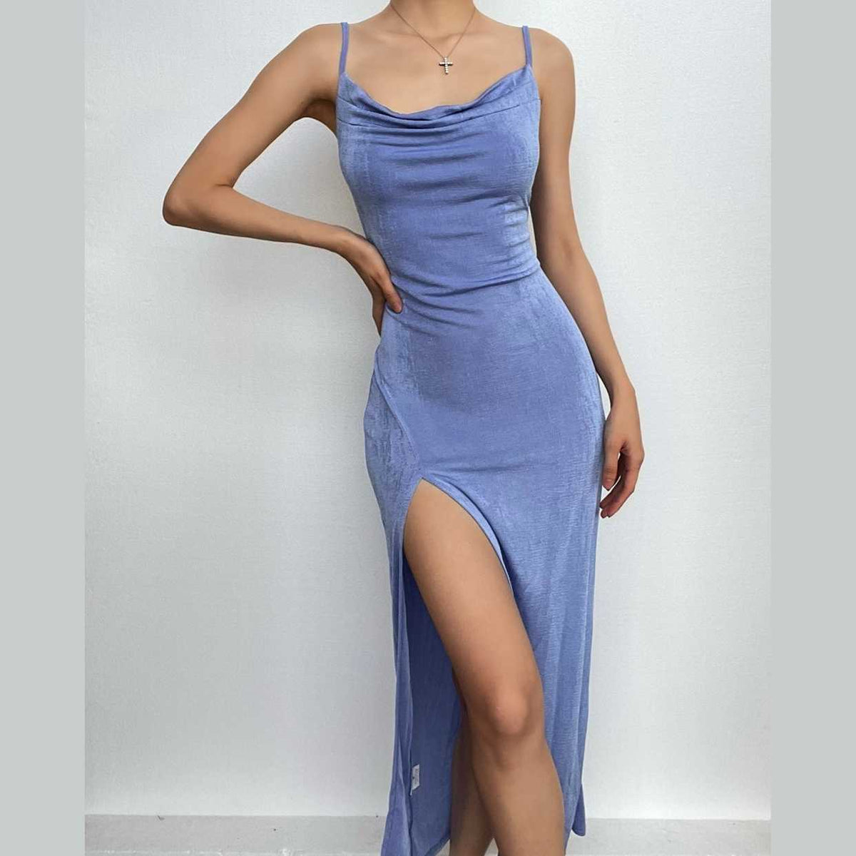 Cowl Neck Spaghetti Strap Ruched Waist High Slit Bodycon Maxi Dress