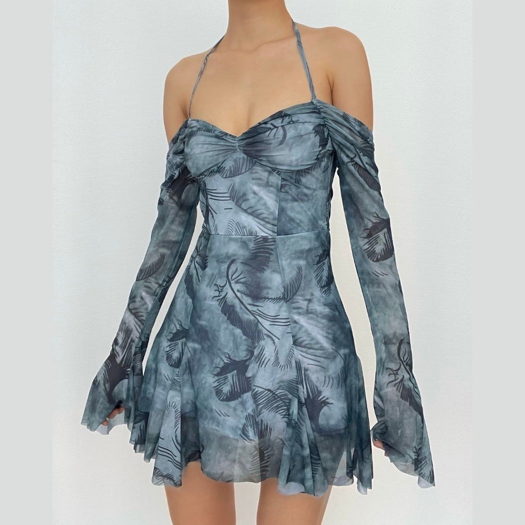 Cold Shoulder Halter Neck Tie Dye Ruched Sweetheart Babydoll Mini Dress