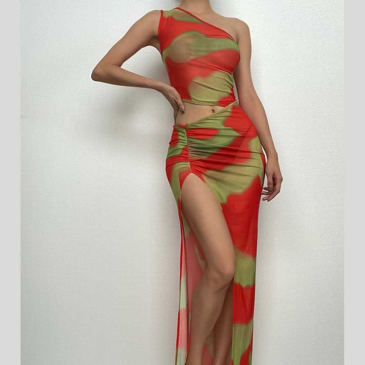 One Shoulder Mesh Abstract Print Cutout Ruched Side Slit Maxi Dress