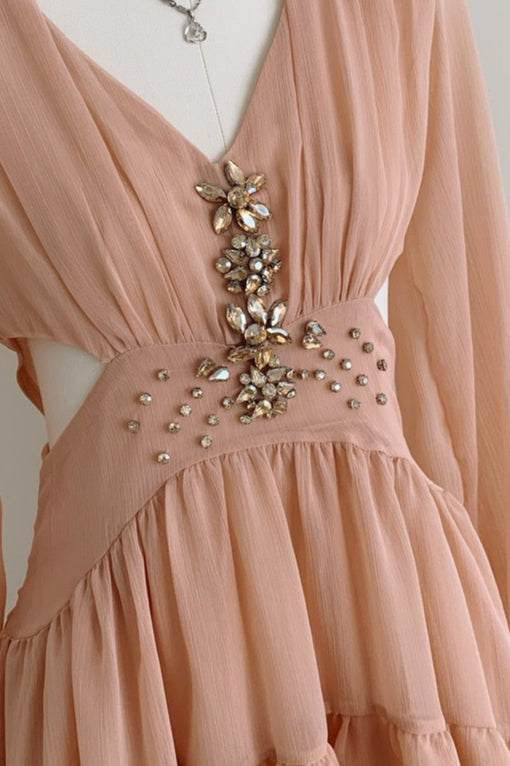 Rhinestone Deep V-Neck Bishop Sleeve Cut Out Waist Tiered Chiffon Mini Dress 7