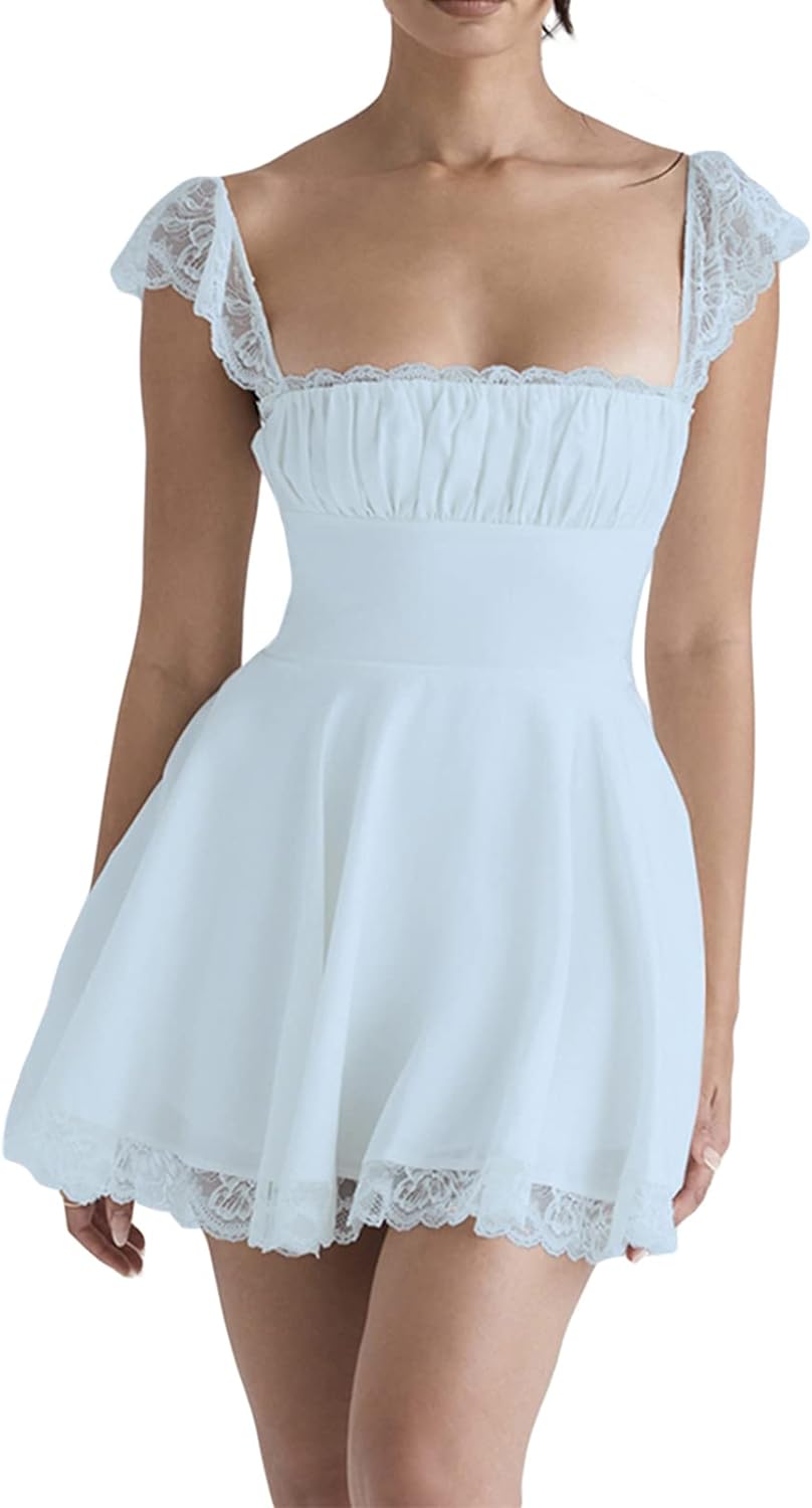Light Blue Scalloped Cap Sleeve Square Neck Fit and Flare Mini Dress 3
