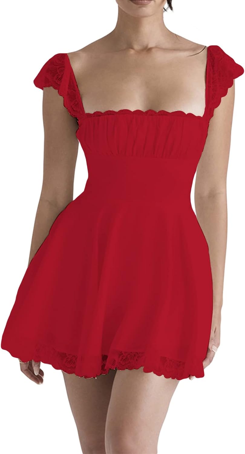 Red Scalloped Cap Sleeve Square Neck Fit and Flare Mini Dress 3
