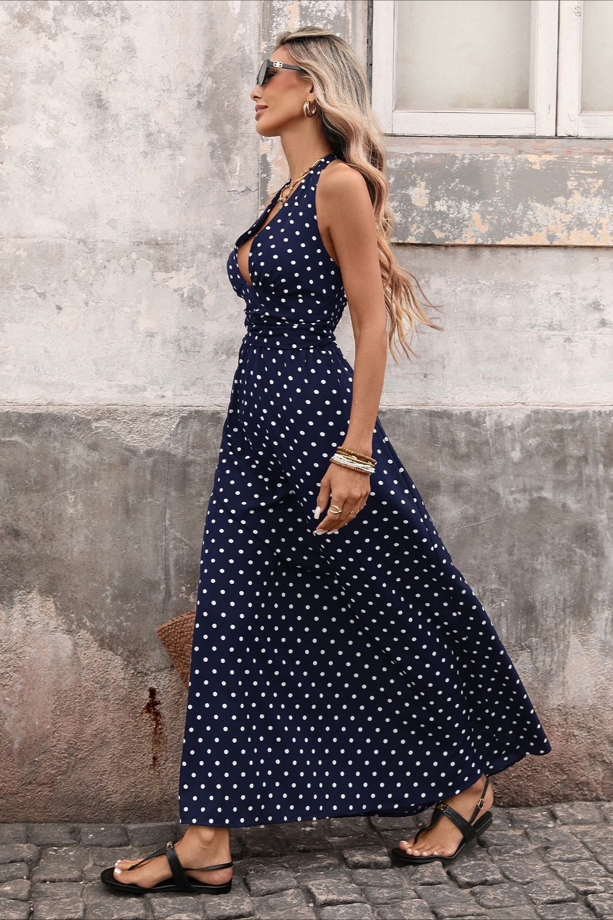Deep V Halter Neck Polka Dot A Line Maxi Dress 7