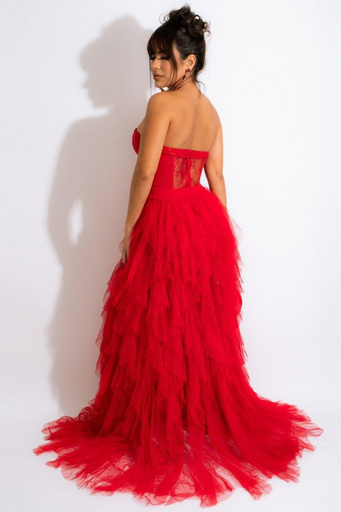 Lace Corset Sweetheart Strapless Tiered Tulle High Slit Maxi Skirt Set 4