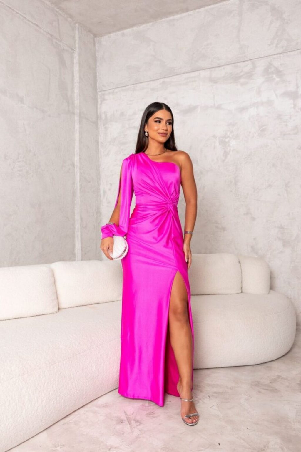 One Shoulder Draped Sleeve Ruched Waist High Slit Satin Maxi Dress 7