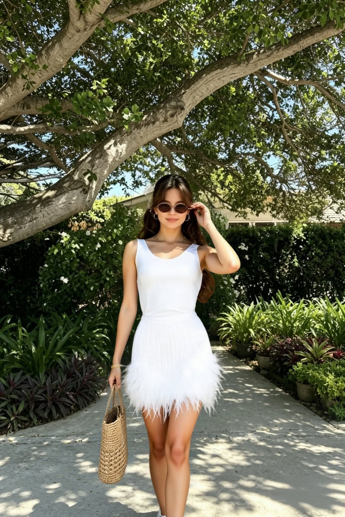 Scoop Neck Sequin Feather Trim Mini Skirt Set 3