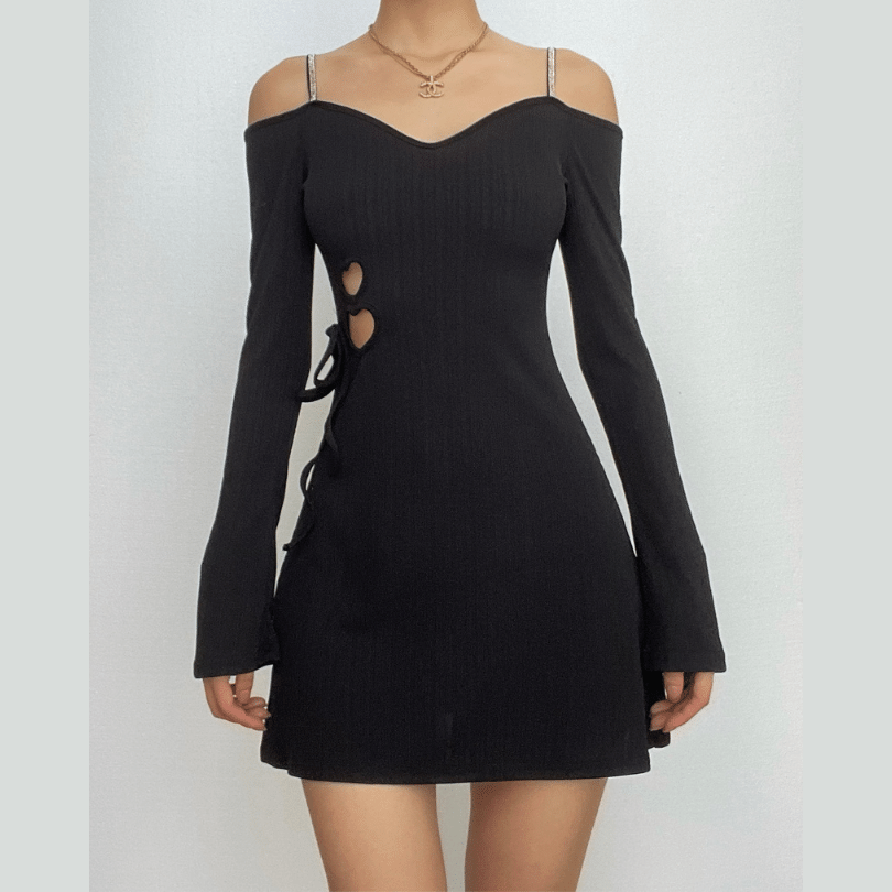 Ribbed Knit Off Shoulder Heart Cutout Lace Up Long Sleeve Mini Dress