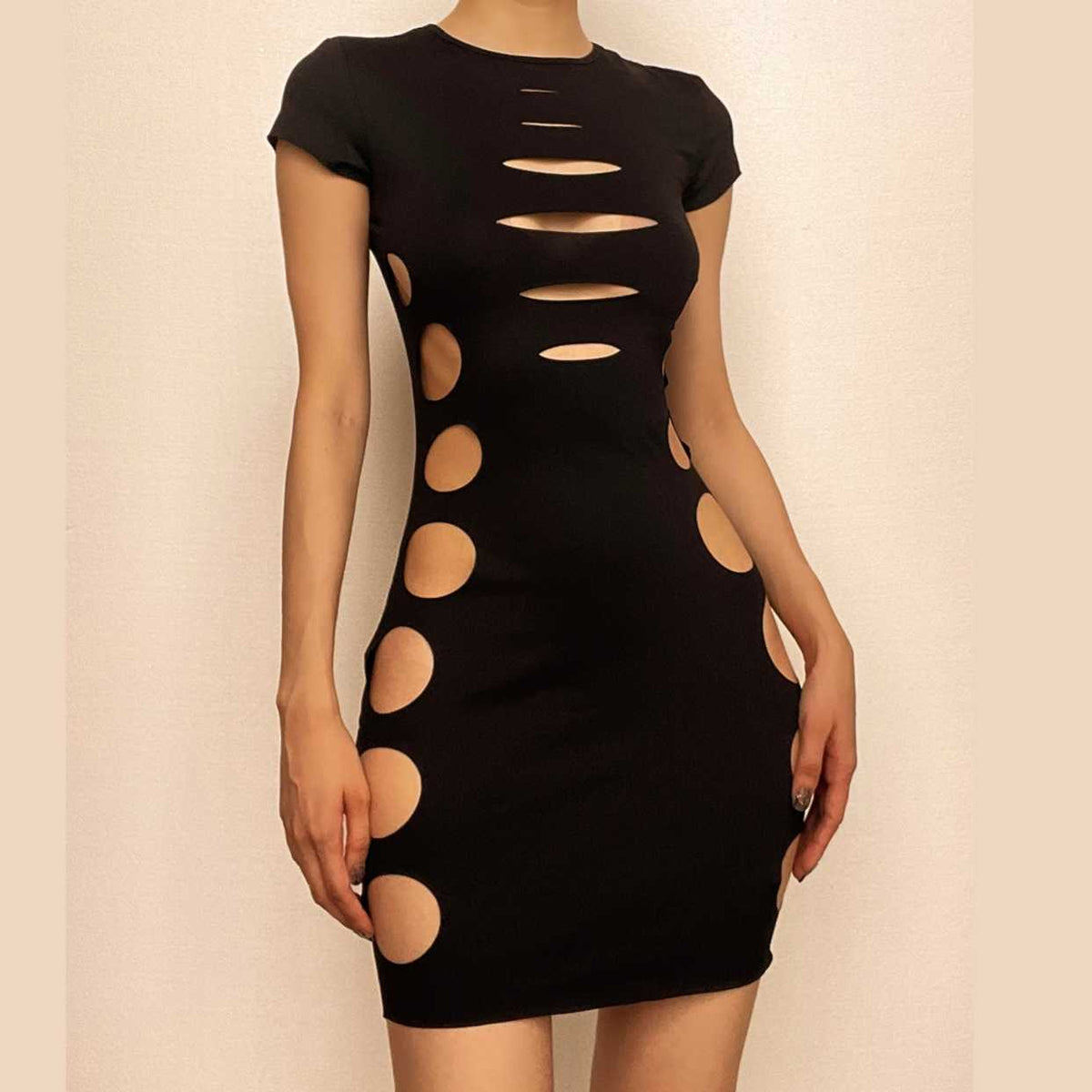 Crew Neck Cap Sleeve Slash Cutout Hollow Out Bodycon Mini Dress