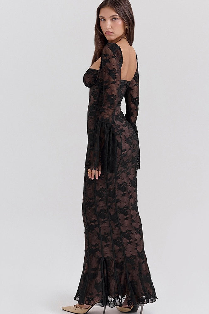 Lace Square Neck Milkmaid Tie Front Corset Seam Bell Sleeve Mermaid Maxi Dress 13