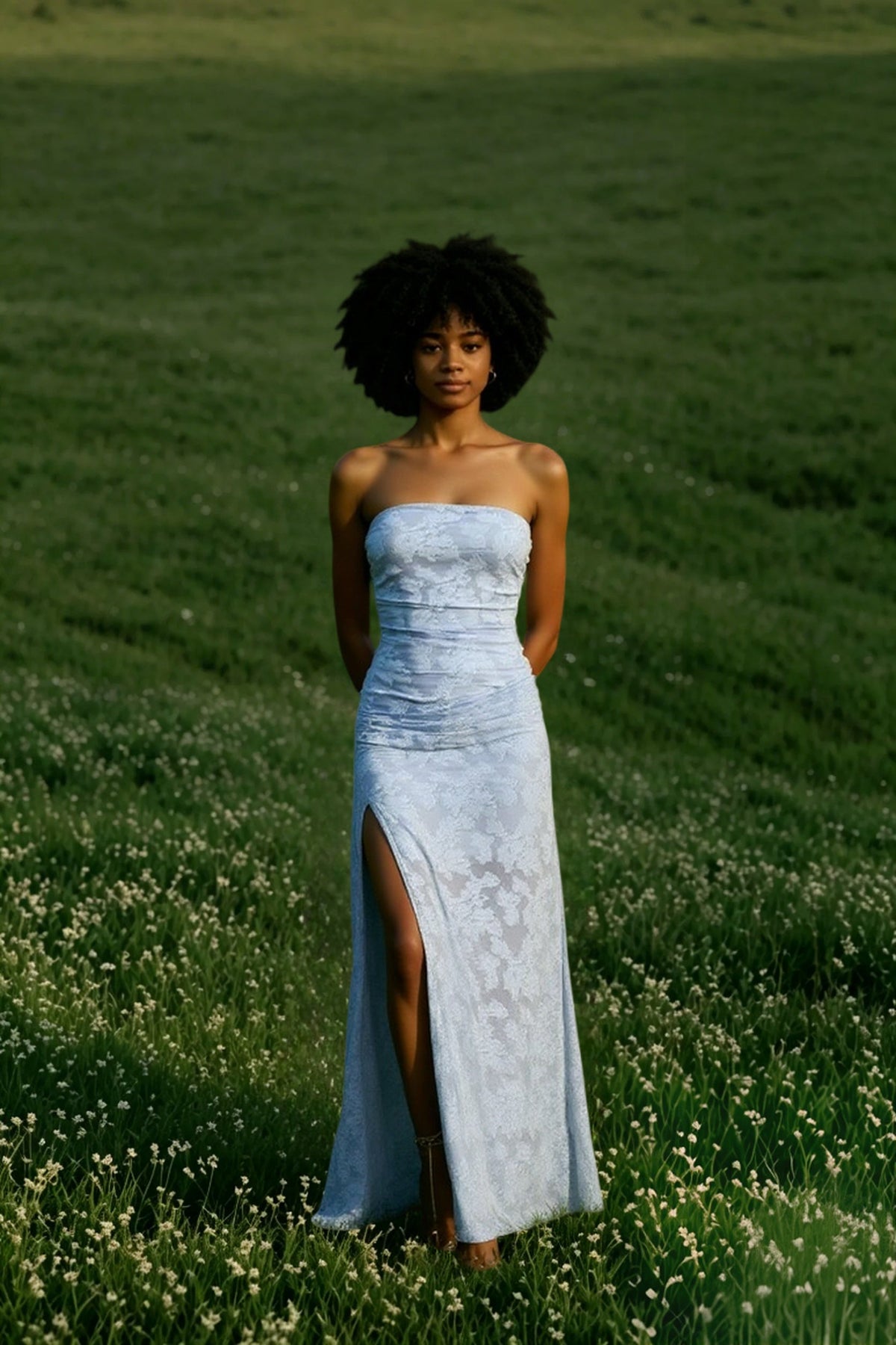 Strapless Ruched Lace High Slit Maxi Dress