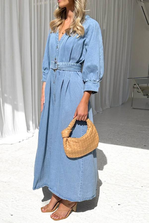 Belted Puff Sleeve Button-Front Denim Maxi Dress 3