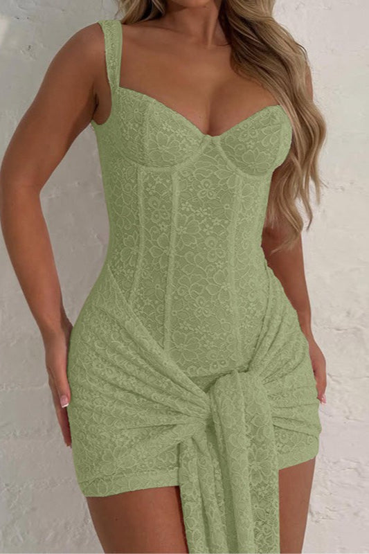 Floral Lace Bustier Corset Seam Front Knot Hip Tie Bodycon Mini Dress 7