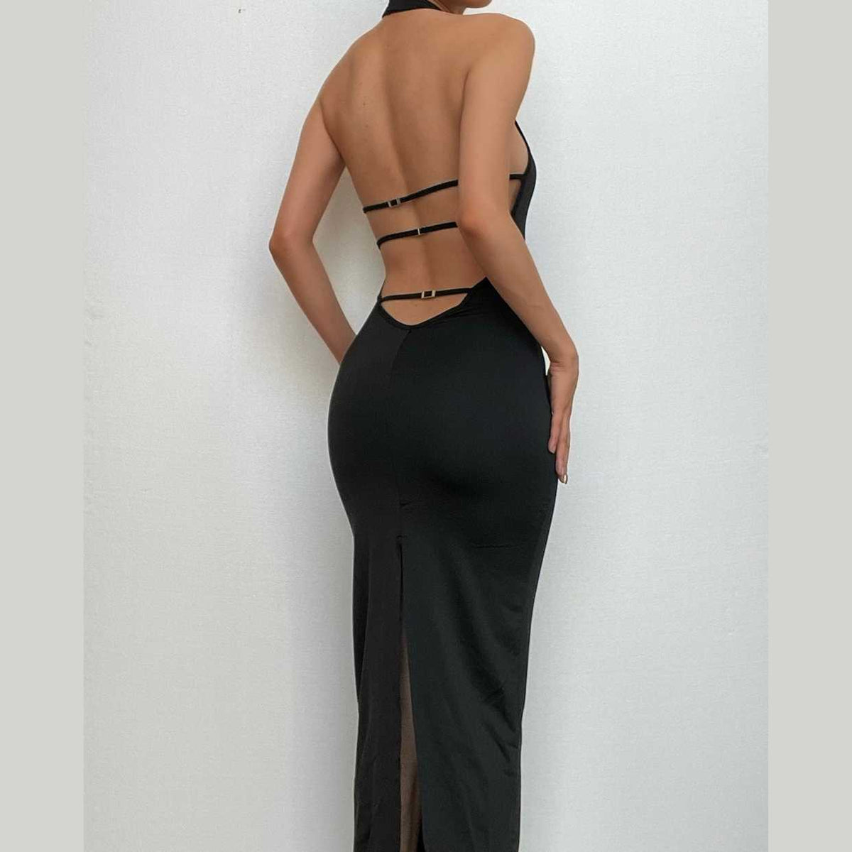 Halter Back Buckle Strap Open Back High Slit Bodycon Maxi Dress