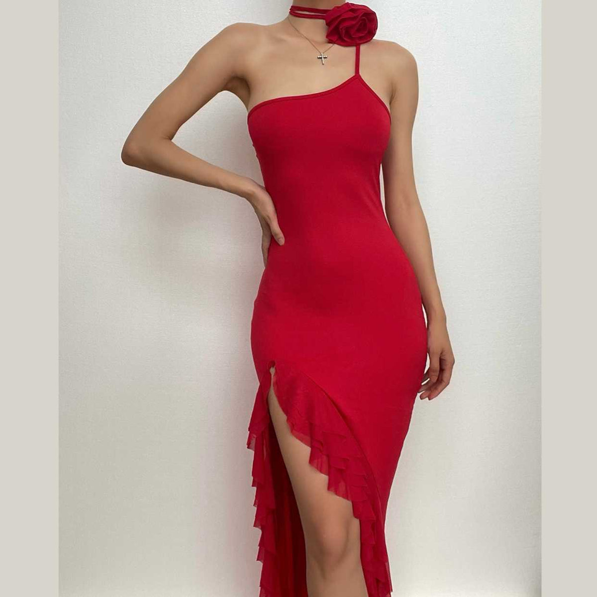 One Shoulder Flower Choker Ruffle Trim High Slit Ribbed Maxi Dress