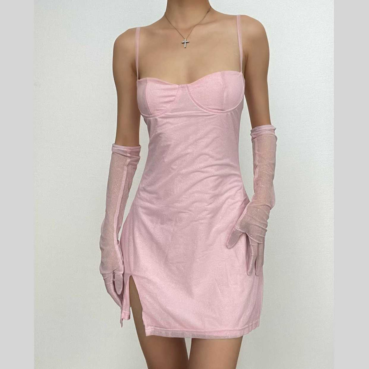 Sweetheart Neck Spaghetti Strap Glitter Side Slit Mesh Glove Mini Dress 13