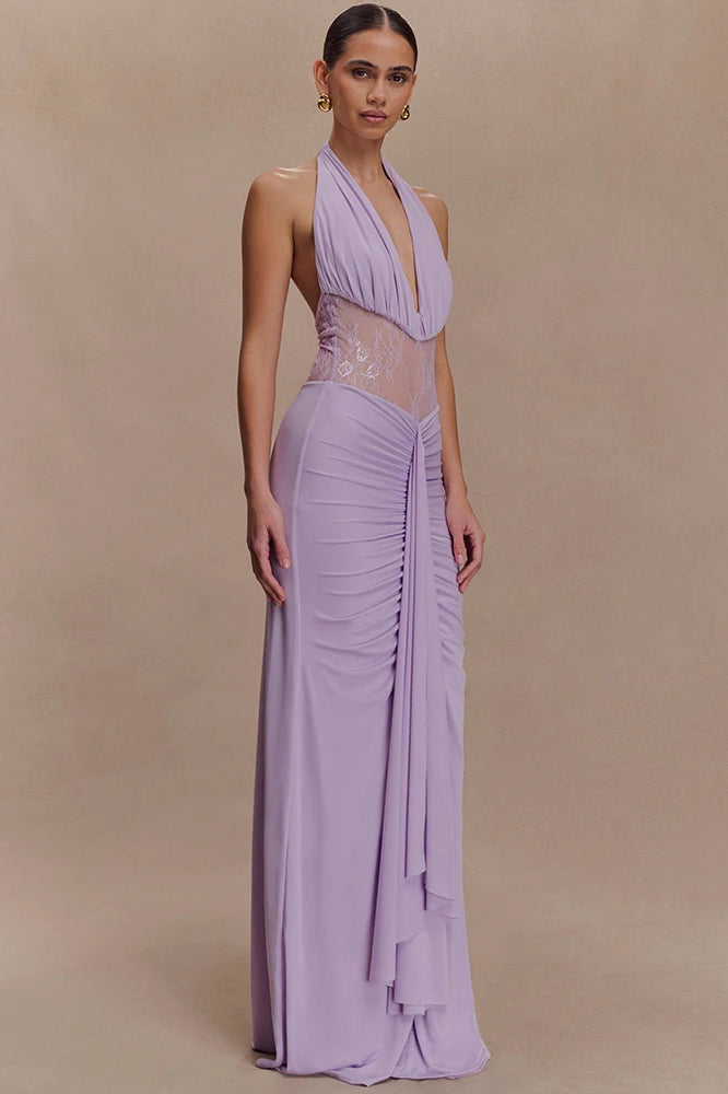 Halter Plunging V-Neck Lace Panel Ruched Drape Maxi Gown 5