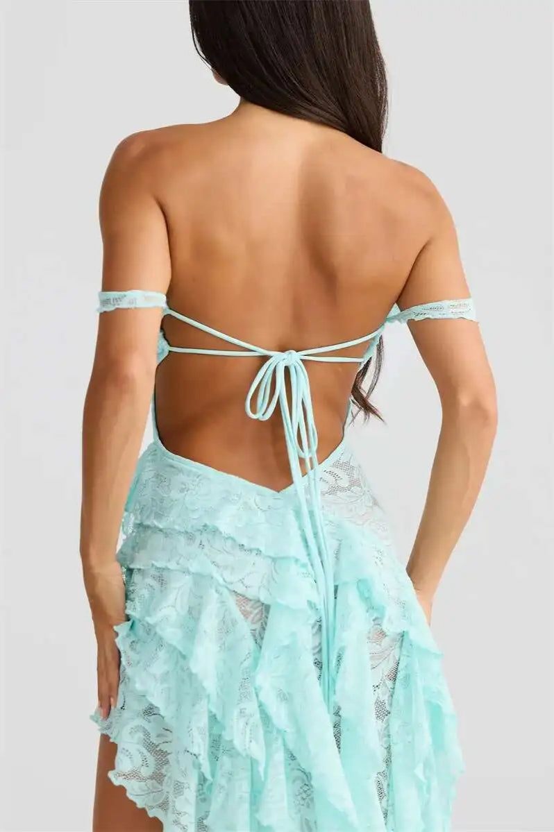 Floral Lace Off-Shoulder Tie-Front Tiered High-Low Ruffle Midi Dress 3